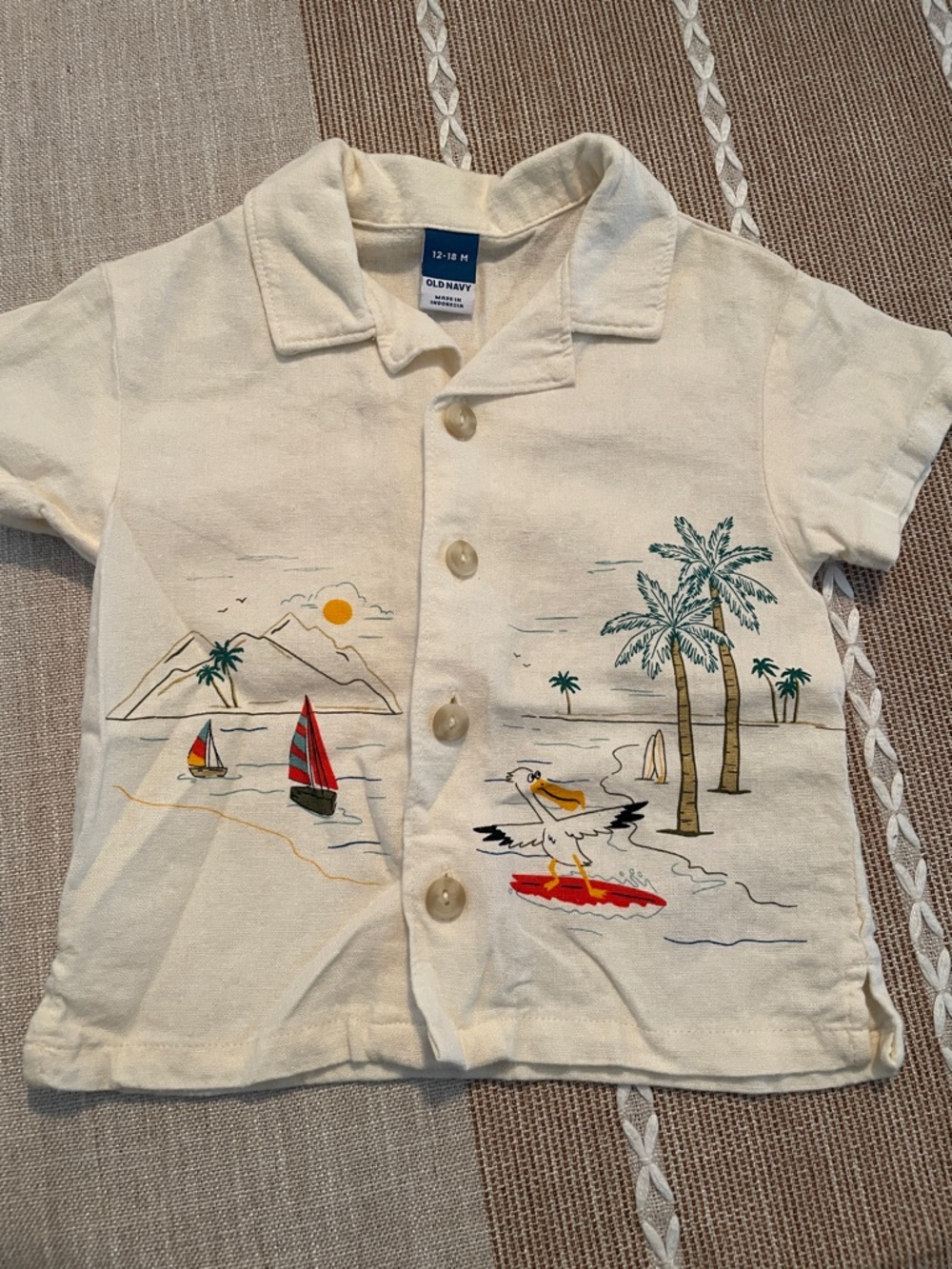 Old Navy Cream Button-Down Shirt with Tropical Surf Scene